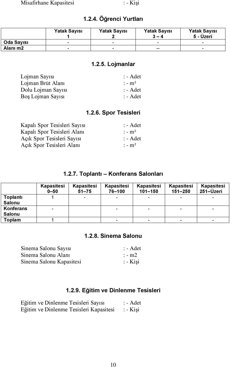 Spor Tesisleri Kapalı Spor Tesisleri Sayısı : - Adet Kapalı Spor Tesisleri Alanı : - m² Açık Spor Tesisleri Sayısı : - Adet Açık Spor Tesisleri Alanı : - m² 1.2.7.