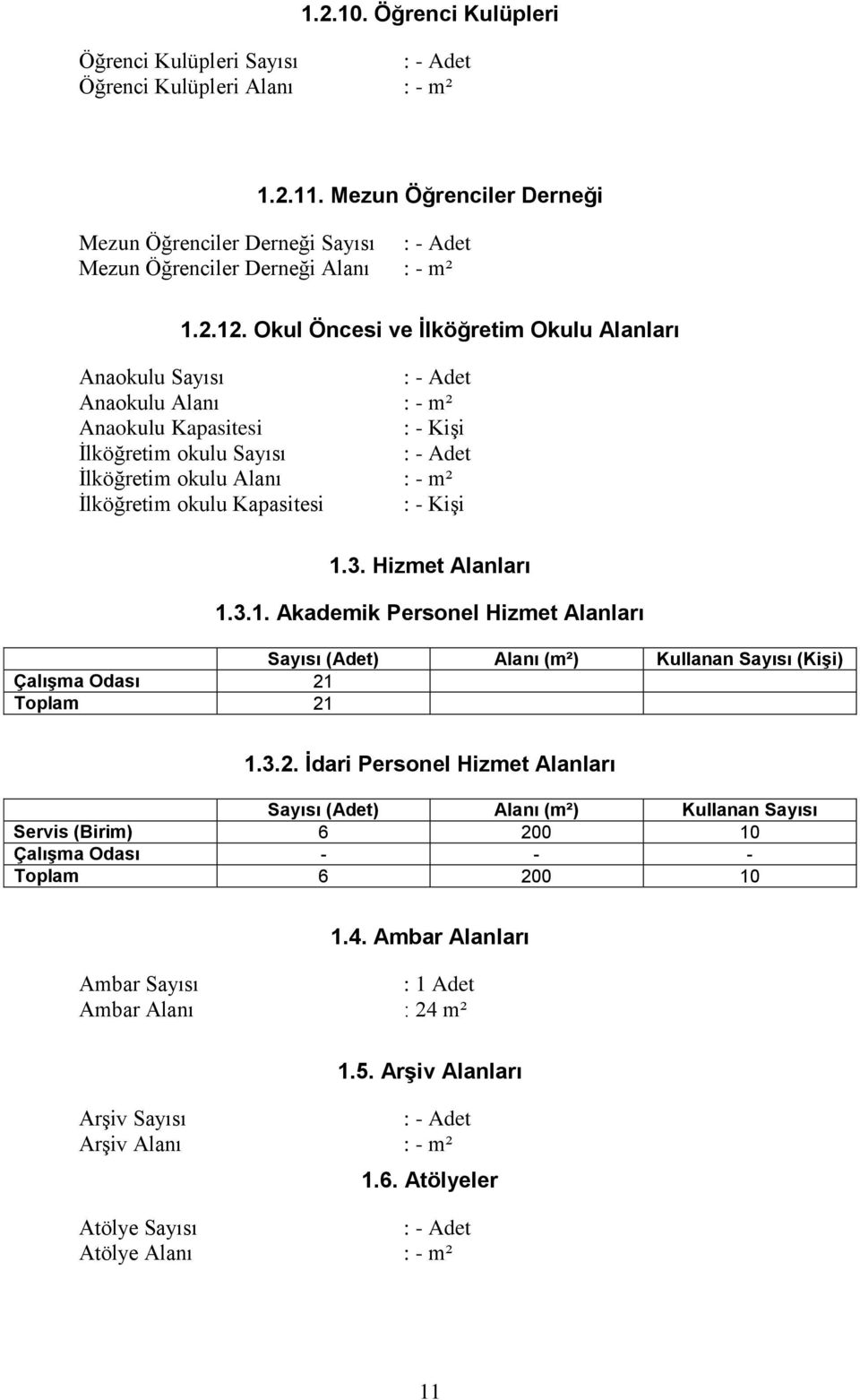 Okul Öncesi ve İlköğretim Okulu Alanları Anaokulu Sayısı : - Adet Anaokulu Alanı : - m² Anaokulu Kapasitesi : - Kişi İlköğretim okulu Sayısı : - Adet İlköğretim okulu Alanı : - m² İlköğretim okulu