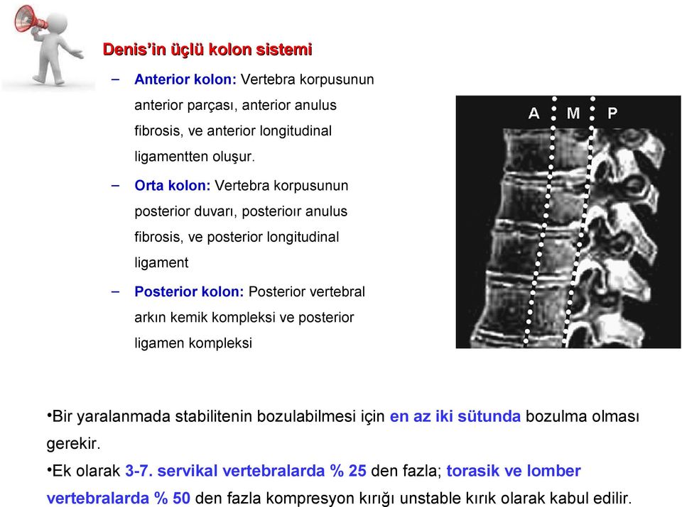 Orta kolon: Vertebra korpusunun posterior duvarı, posterioır anulus fibrosis, ve posterior longitudinal ligament Posterior kolon: Posterior vertebral