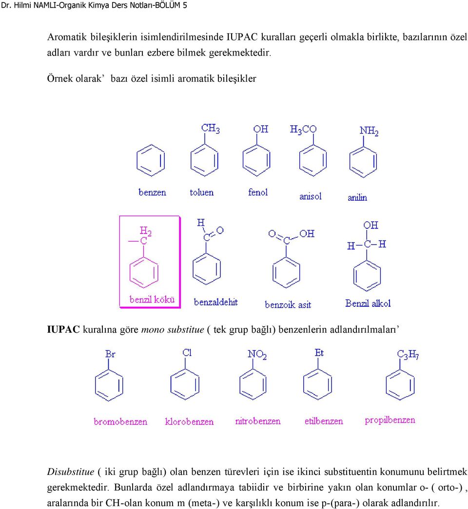 Örnek olarak bazı özel isimli aromatik bileşikler IUPAC kuralına göre mono substitue ( tek grup bağlı) benzenlerin adlandırılmaları Disubstitue