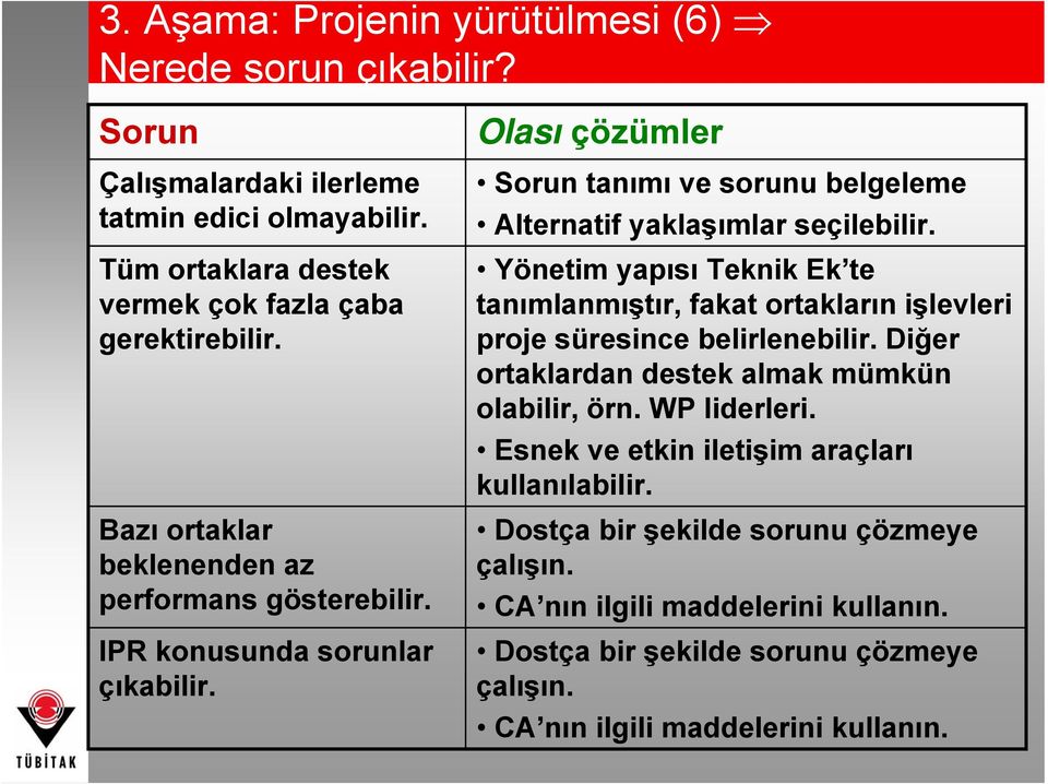 Yönetim yapısı Teknik Ek te tanımlanmıştır, fakat ortakların işlevleri proje süresince belirlenebilir. Diğer ortaklardan destek almak mümkün olabilir, örn. WP liderleri.