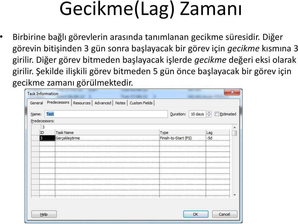 girilir. Diğer görev bitmeden başlayacak işlerde gecikme değeri eksi olarak girilir.