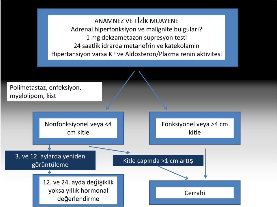 Aldosteron/Plazma renin aktivitesi Polimetastaz, enfeksiyon, myelolipom, kist Nonfonksiyonel veya <4 cm kitle