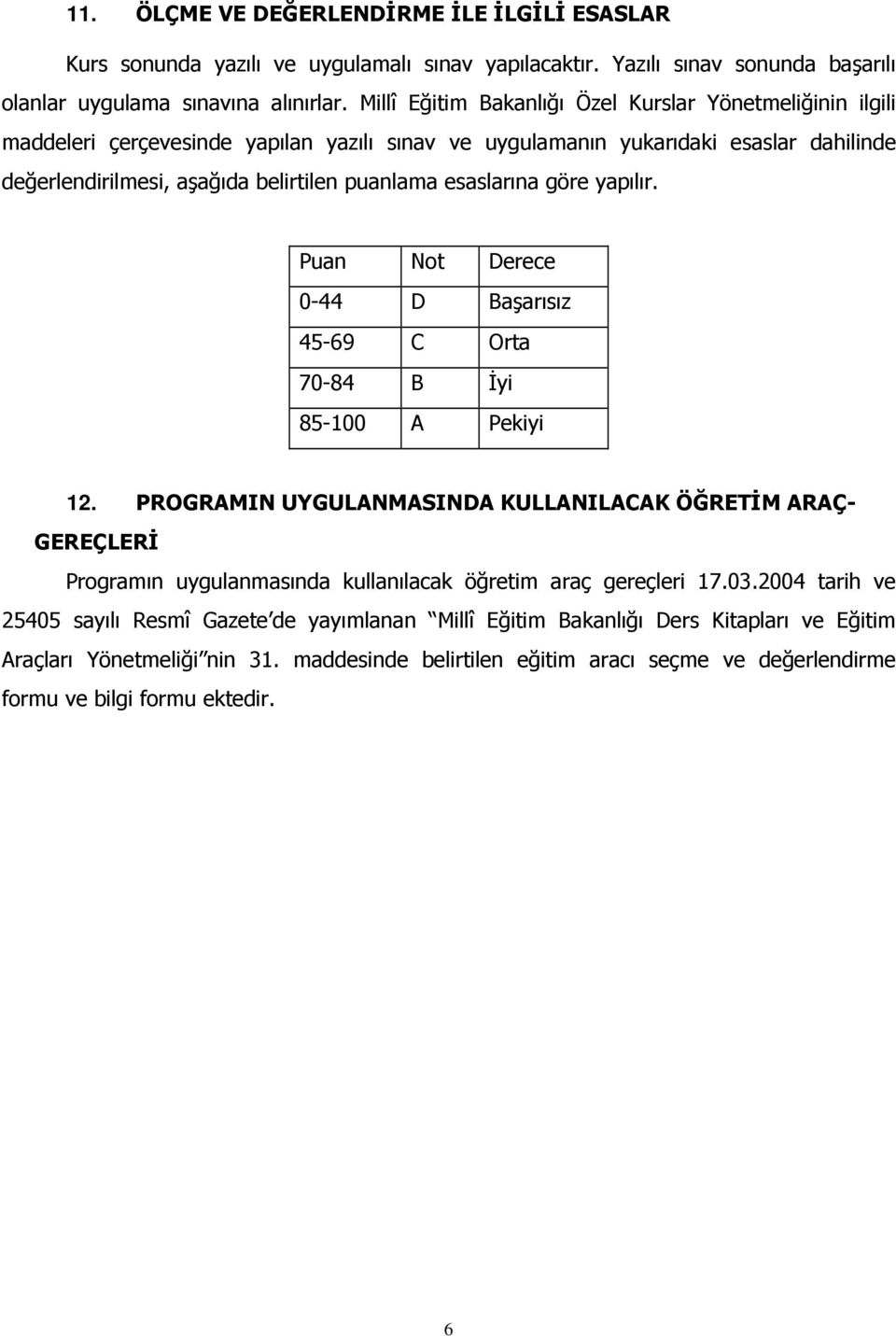 esaslarına göre yapılır. Puan Not Derece 0-44 D Başarısız 45-69 C Orta 70-84 B İyi 85-100 A Pekiyi 12.