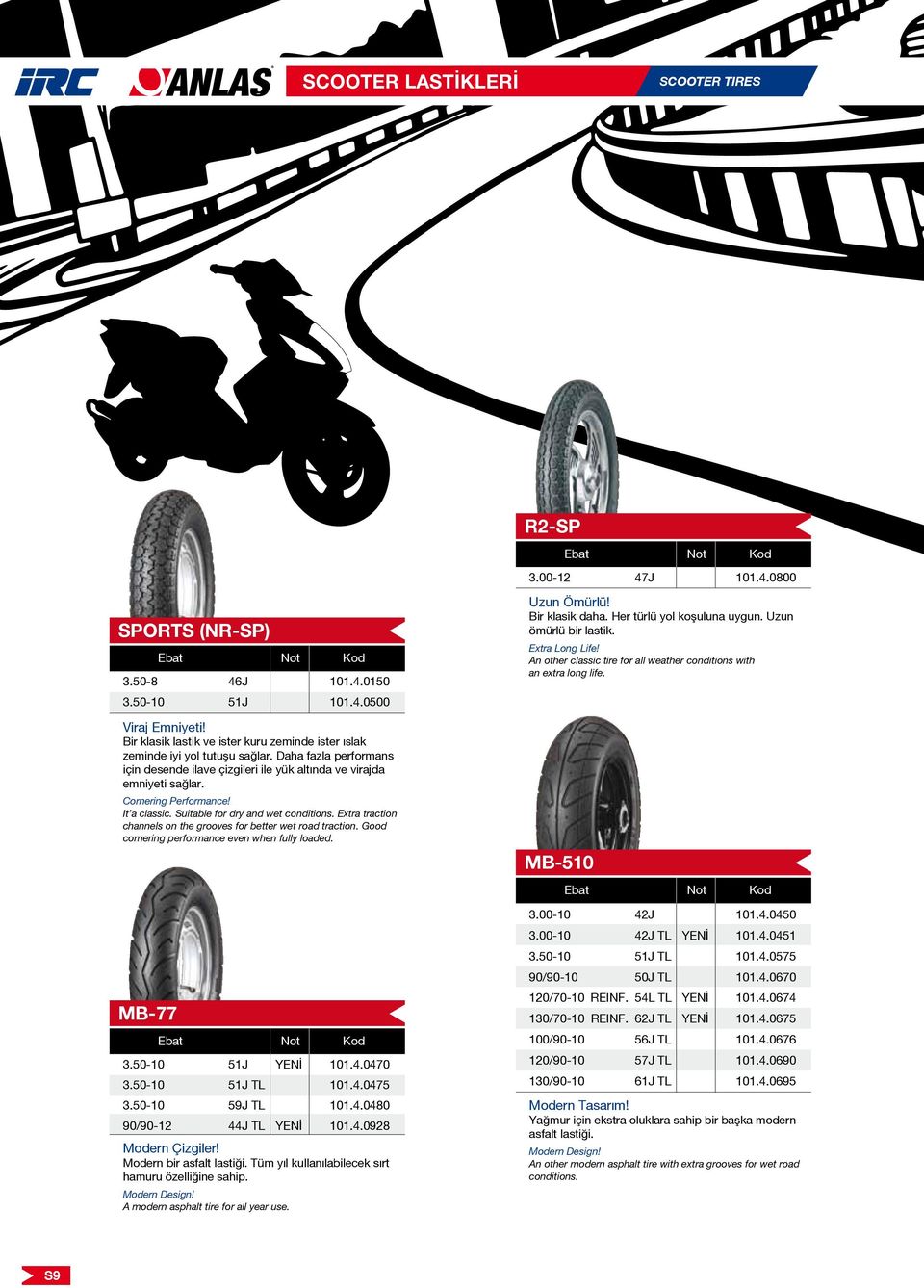 It a classic. Suitable for dry and wet conditions. Extra traction channels on the grooves for better wet road traction. Good cornering performance even when fully loaded. 3.50-10 51J YENİ 101.4.