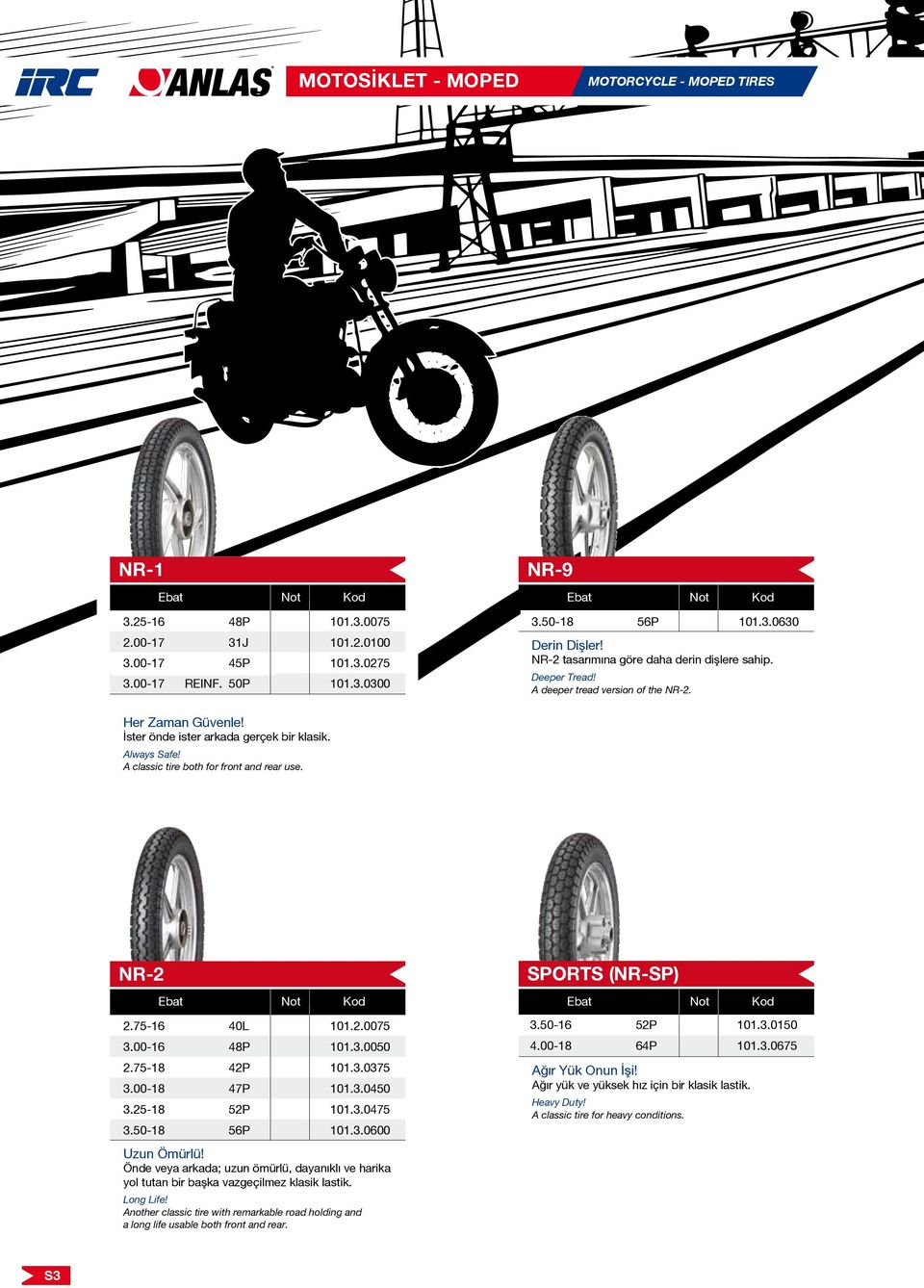 A classic tire both for front and rear use. NR-2 2.75-16 40L 101.2.0075 3.00-16 48P 101.3.0050 2.75-18 42P 101.3.0375 3.00-18 47P 101.3.0450 3.25-18 52P 101.3.0475 3.50-18 56P 101.3.0600 Uzun Ömürlü!