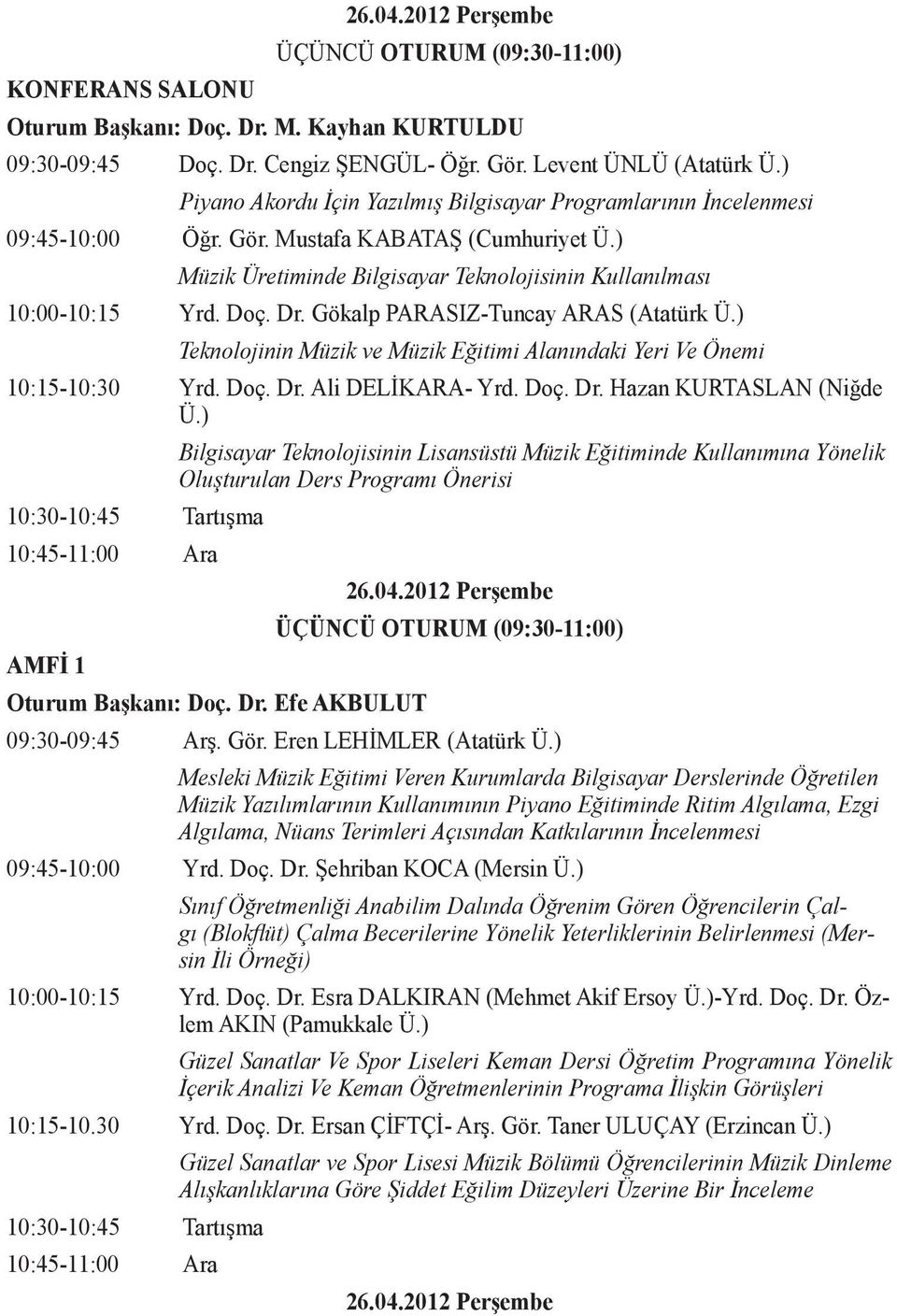 Dr. Gökalp PARASIZ-Tuncay ARAS (Atatürk Ü.) Teknolojinin Müzik ve Müzik Eğitimi Alanındaki Yeri Ve Önemi 10:15-10:30 Yrd. Doç. Dr. Ali DELİKARA- Yrd. Doç. Dr. Hazan KURTASLAN (Niğde Ü.