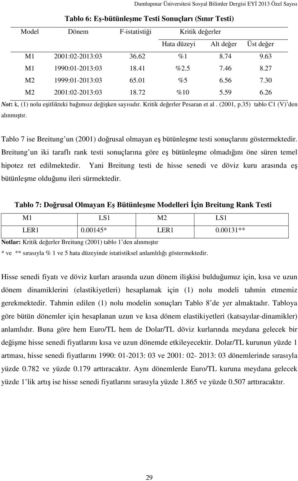 35) tablo C1 (V) den alınmıştır. Tablo 7 ise Breitung un (2001) doğrusal olmayan eş bütünleşme testi sonuçlarını göstermektedir.