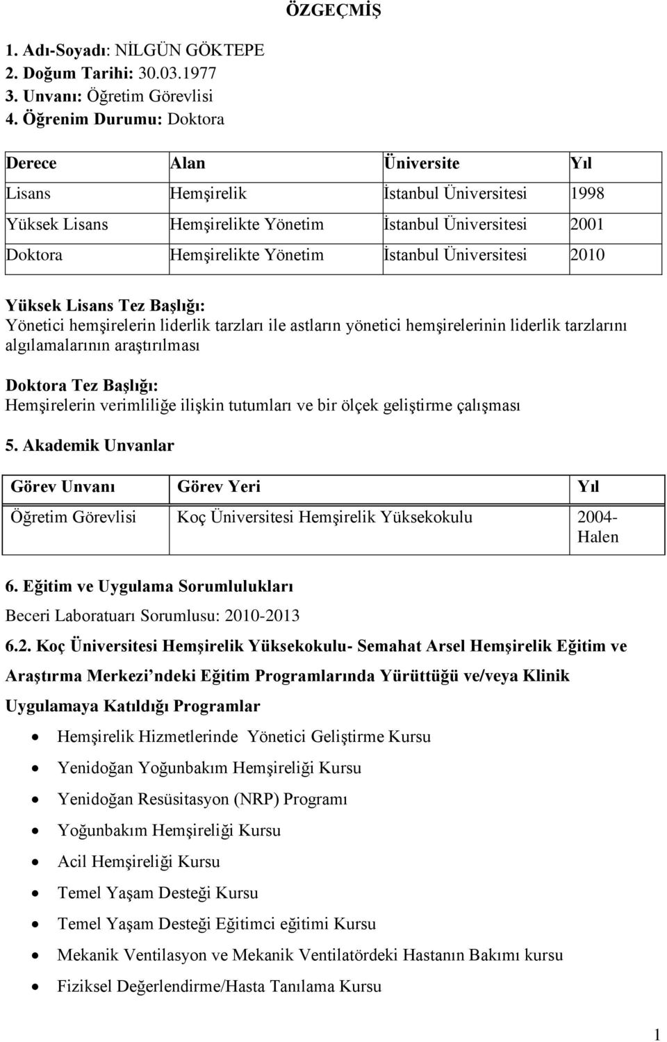 Üniversitesi 2010 Yüksek Lisans Tez Başlığı: Yönetici hemşirelerin liderlik tarzları ile astların yönetici hemşirelerinin liderlik tarzlarını algılamalarının araştırılması Doktora Tez Başlığı: