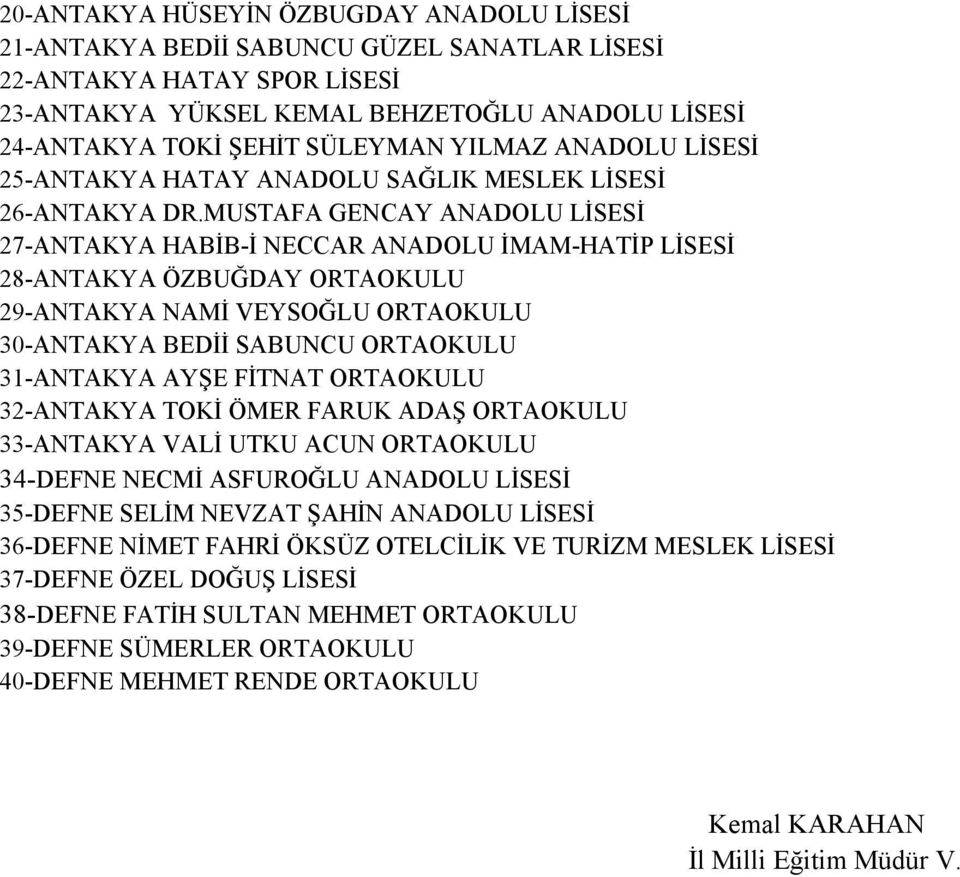 MUSTAFA GENCAY ANADOLU LİSESİ 27-ANTAKYA HABİB-İ NECCAR ANADOLU İMAM-HATİP LİSESİ 28-ANTAKYA ÖZBUĞDAY ORTAOKULU 29-ANTAKYA NAMİ VEYSOĞLU ORTAOKULU 30-ANTAKYA BEDİİ SABUNCU ORTAOKULU 31-ANTAKYA AYŞE