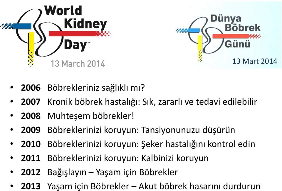 2009 Böbreklerinizi koruyun: Tansiyonunuzu düşürün 2010 Böbreklerinizi koruyun: Şeker