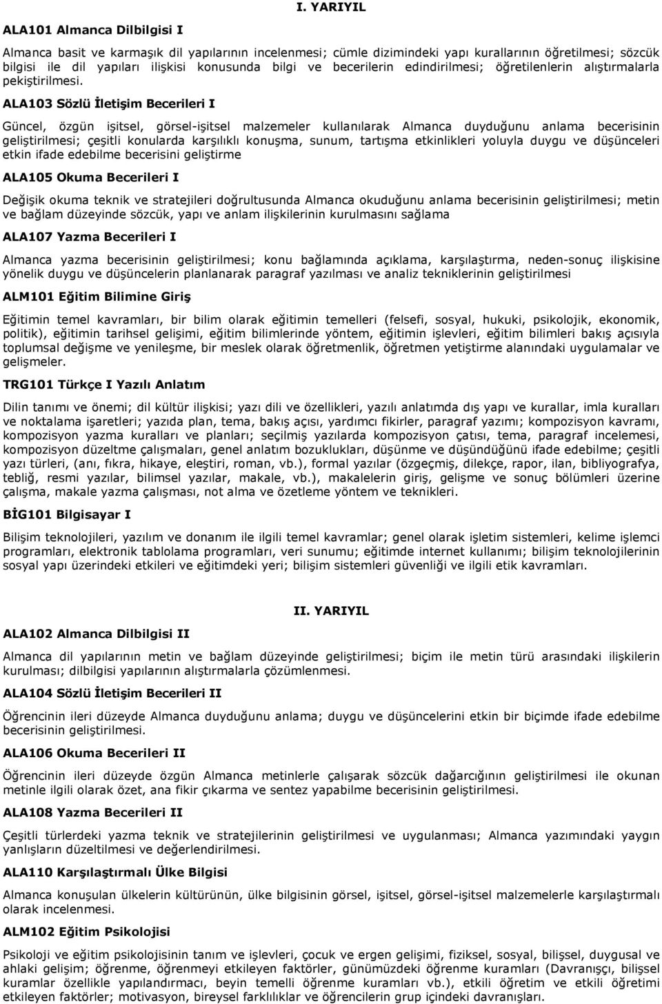 ALA103 Sözlü İletişim Becerileri I Güncel, özgün işitsel, görsel-işitsel malzemeler kullanılarak Almanca duyduğunu anlama becerisinin geliştirilmesi; çeşitli konularda karşılıklı konuşma, sunum,