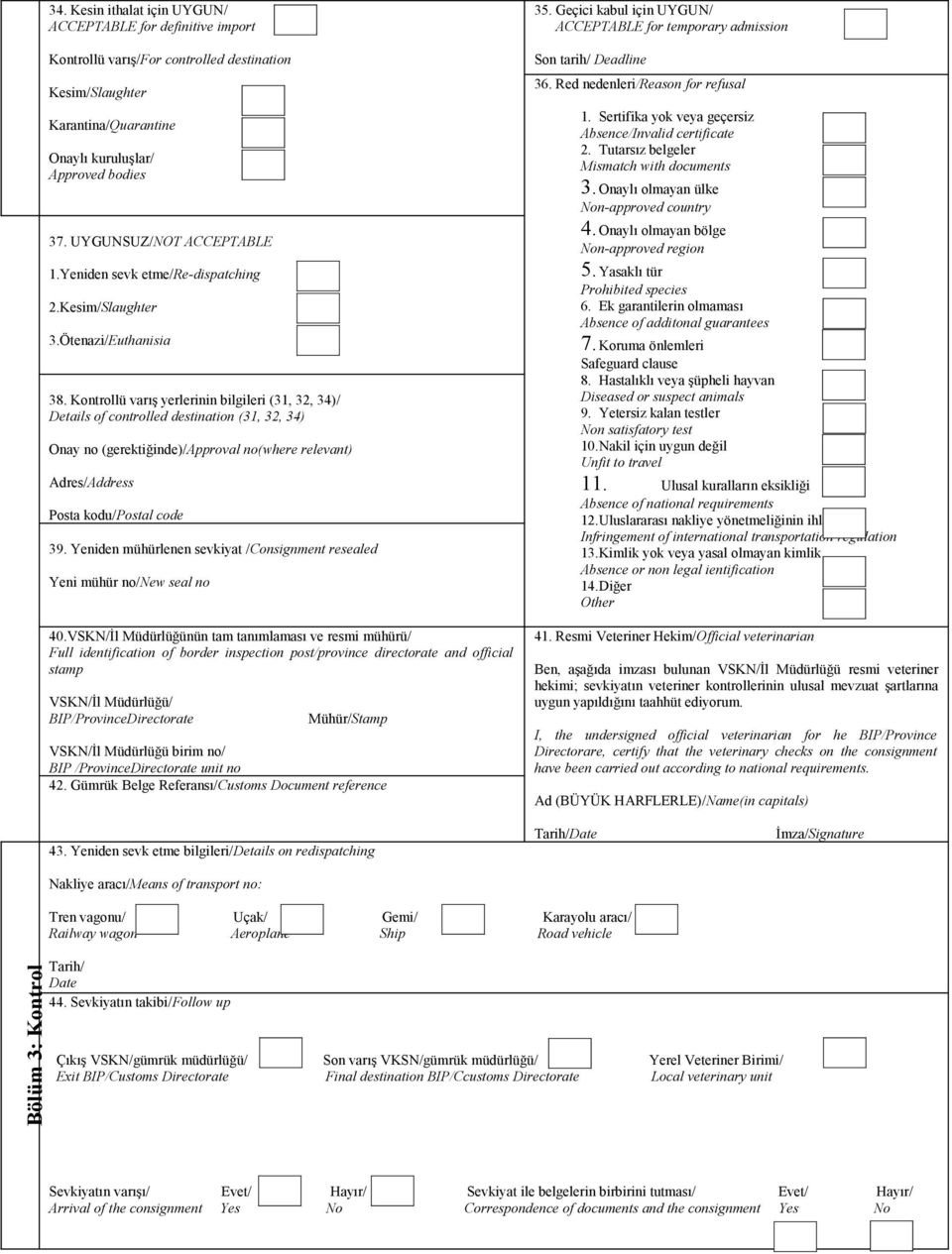 Kontrollü varış yerlerinin bilgileri (31, 32, 34)/ Details of controlled destination (31, 32, 34) Onay no (gerektiğinde)/approval no(where relevant) Adres/Address Posta kodu/postal code 39.