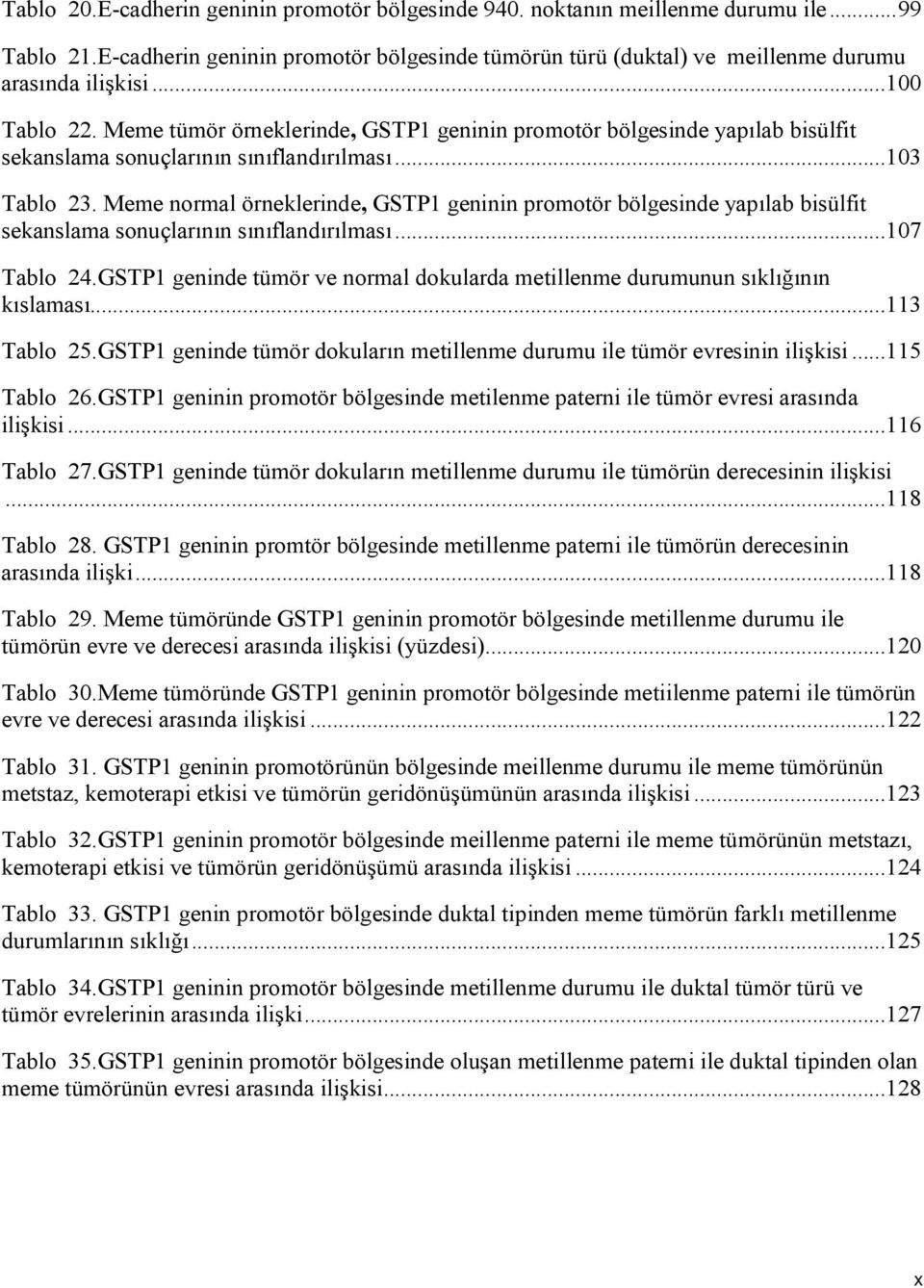 Meme normal örneklerinde, GSTP1 geninin promotör bölgesinde yapılab bisülfit sekanslama sonuçlarının sınıflandırılması...107 Tablo 24.
