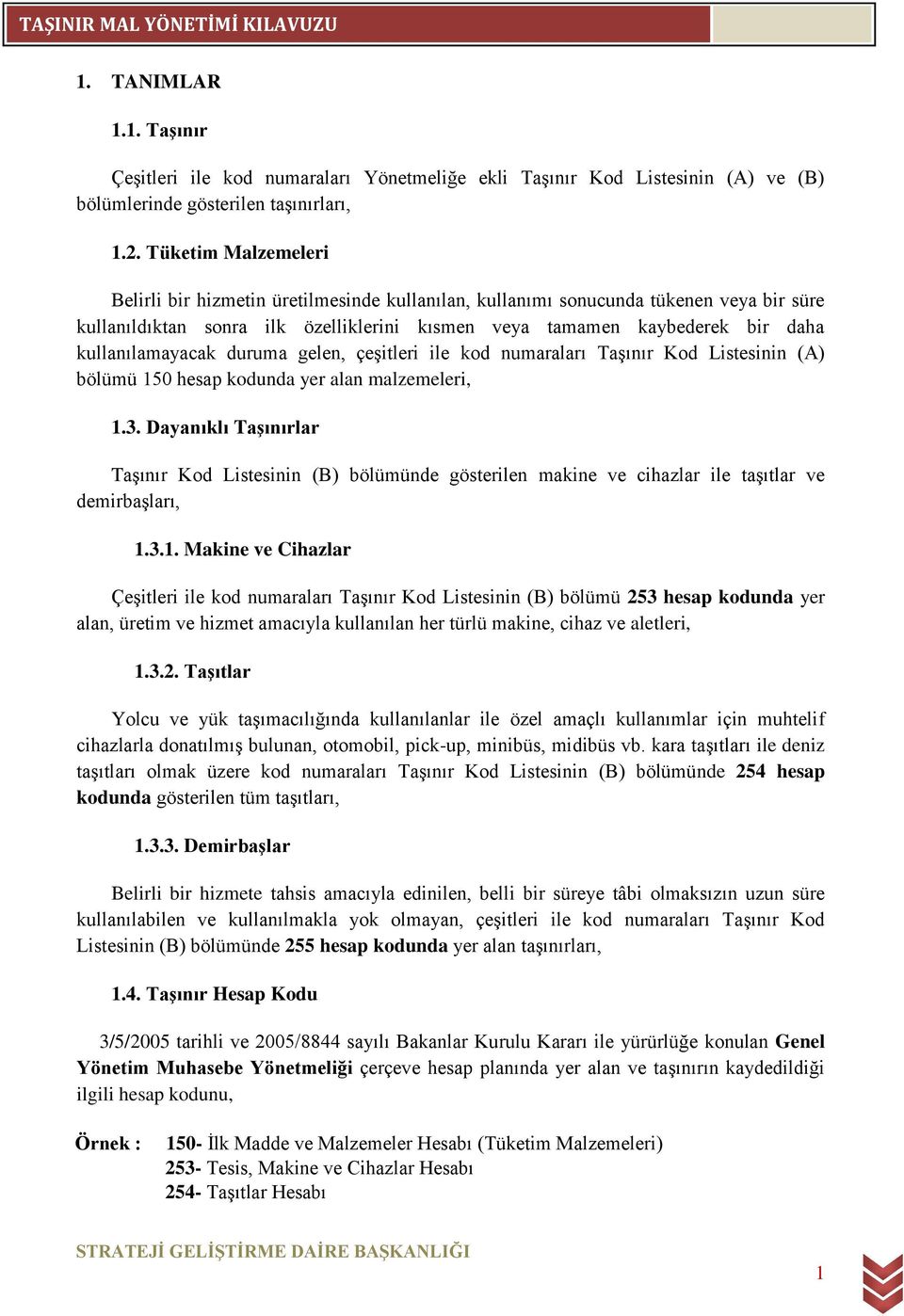 kullanılamayacak duruma gelen, çeşitleri ile kod numaraları Taşınır Kod Listesinin (A) bölümü 150 hesap kodunda yer alan malzemeleri, 1.3.