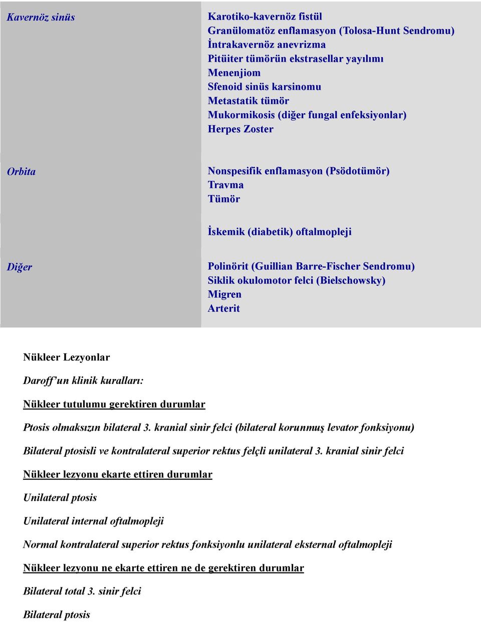 Sendromu) Siklik okulomotor felci (Bielschowsky) Migren Arterit Nükleer Lezyonlar Daroff un klinik kuralları: Nükleer tutulumu gerektiren durumlar Ptosis olmaksızın bilateral 3.