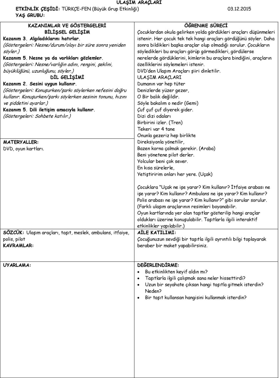 ) DİL GELİŞİMİ Kazanım 2. Sesini uygun kullanır. (Göstergeleri: Konuşurken/şarkı söylerken nefesini doğru kullanır. Konuşurken/şarkı söylerken sesinin tonunu, hızını ve şiddetini ayarlar.) Kazanım 5.