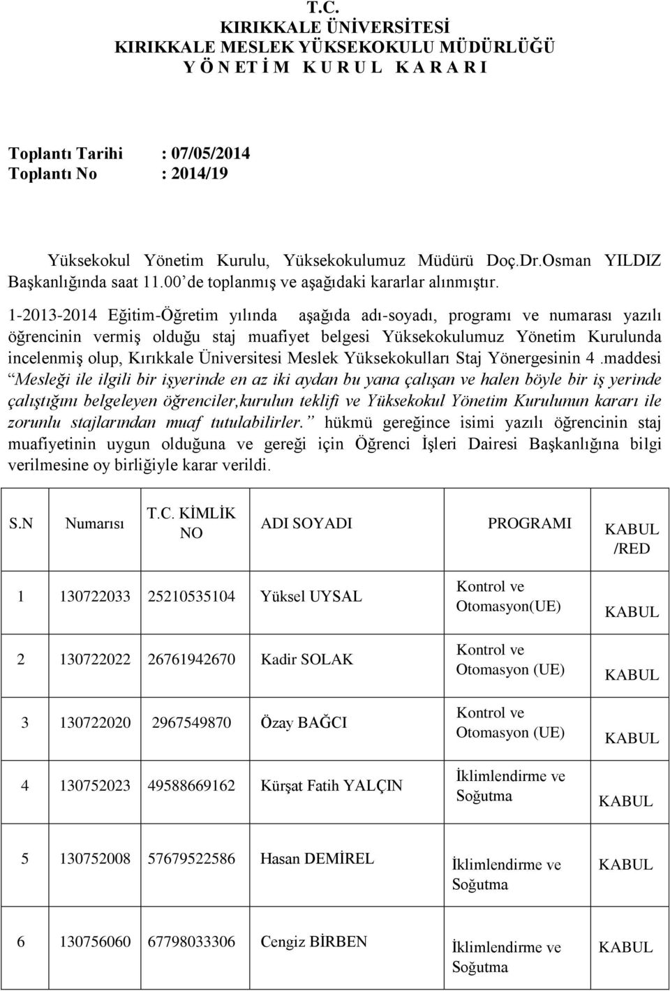 1-2013-2014 Eğitim-Öğretim yılında aşağıda adı-soyadı, programı ve numarası yazılı öğrencinin vermiş olduğu staj muafiyet belgesi Yüksekokulumuz Yönetim Kurulunda incelenmiş olup, Kırıkkale