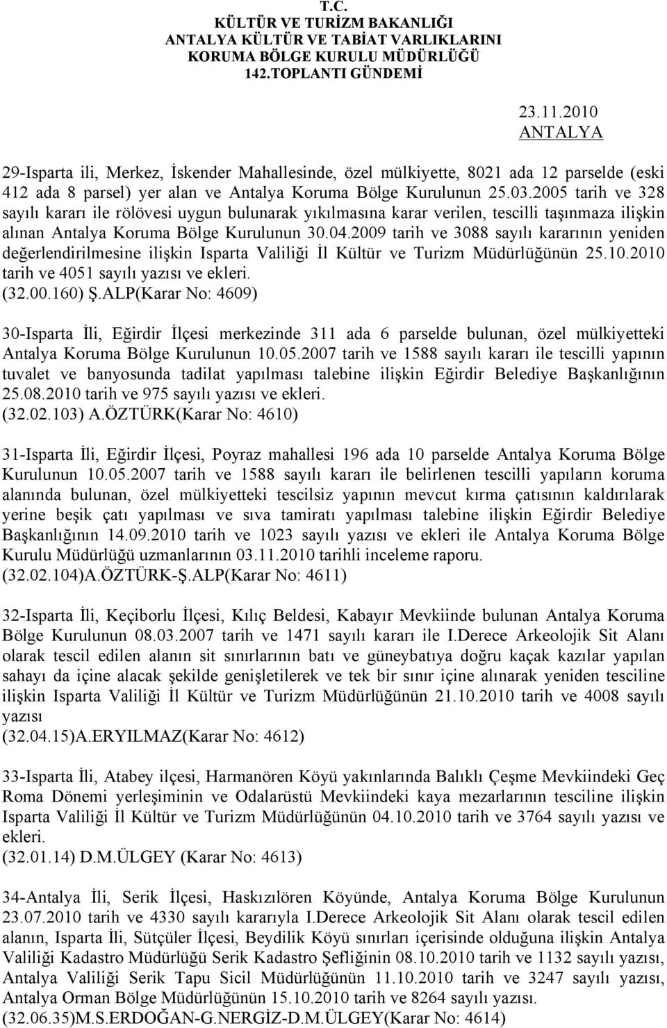 2009 tarih ve 3088 sayılı kararının yeniden değerlendirilmesine ilişkin Isparta Valiliği İl Kültür ve Turizm Müdürlüğünün 25.10.2010 tarih ve 4051 sayılı yazısı ve ekleri. (32.00.160) Ş.