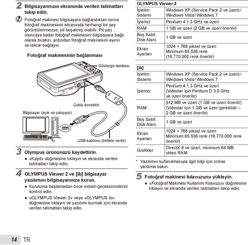 Fotoğraf makinesinin bağlanması Çoklu konektör Bilgisayar (açık ve çalışıyor) Gösterge lambası USB kablosu (birlikte verilir) 3 Olympus ürününüzü kaydettirin.