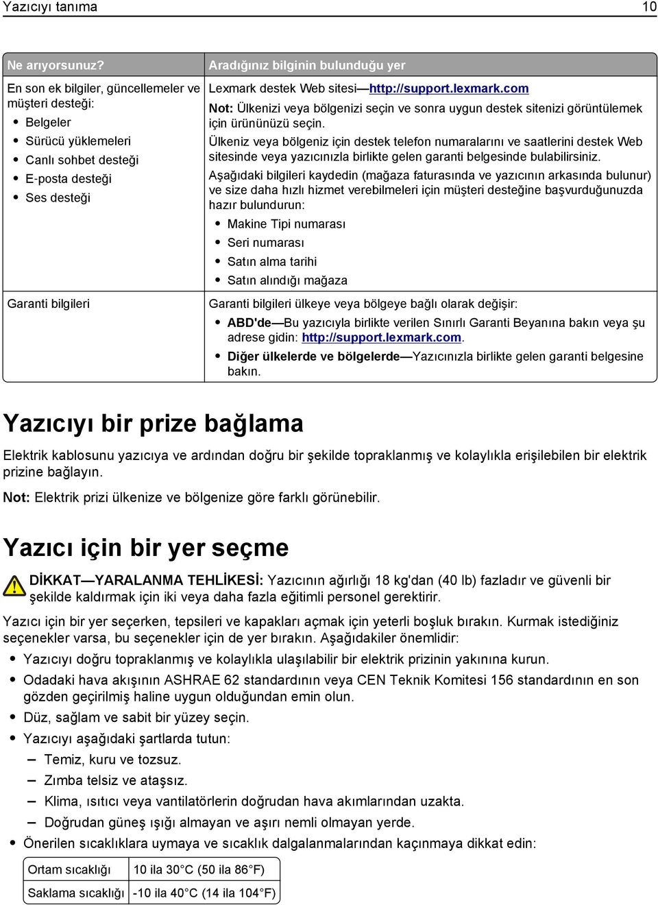 Web sitesi http://support.lexmark.com Not: Ülkenizi veya bölgenizi seçin ve sonra uygun destek sitenizi görüntülemek için ürününüzü seçin.