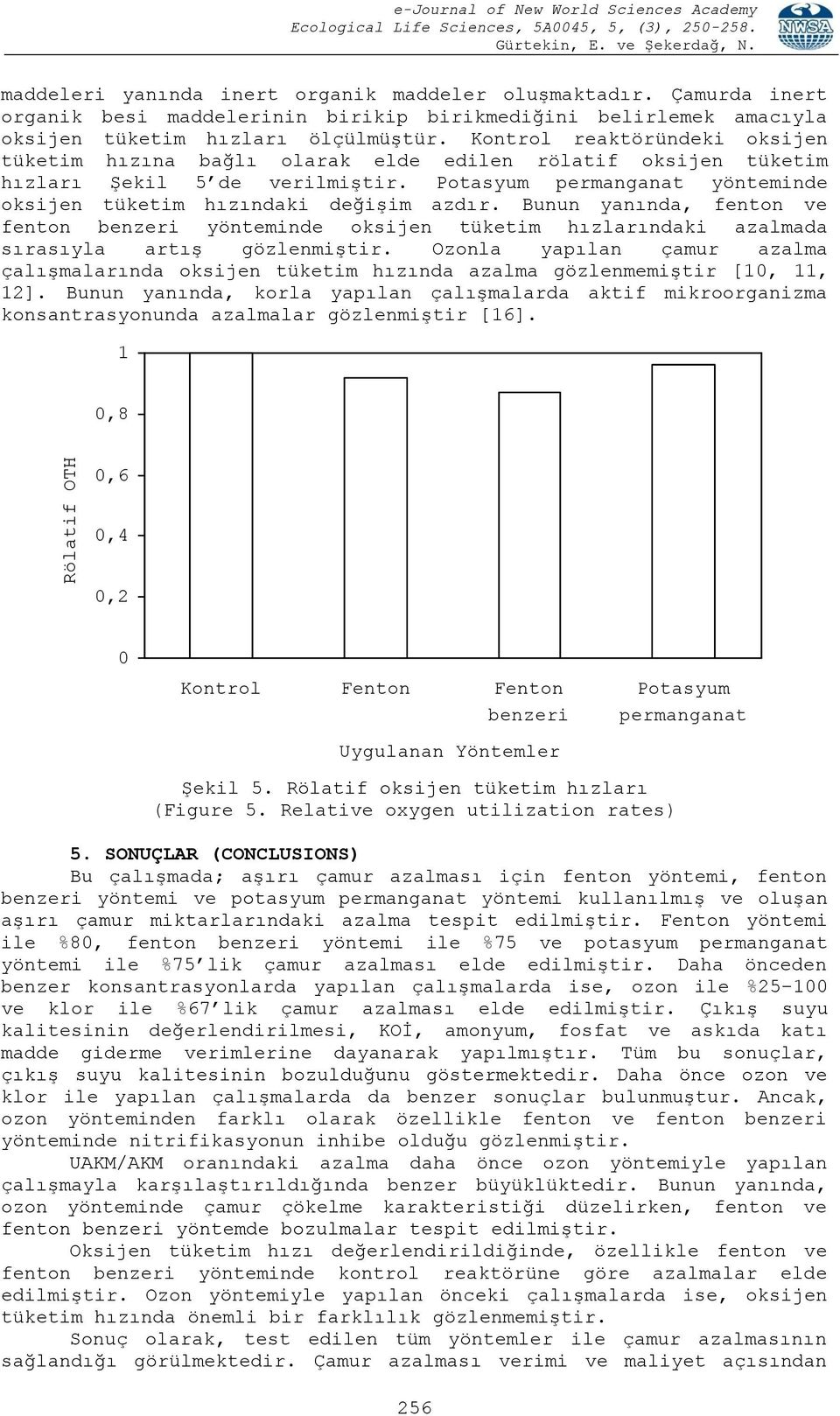 Kontrol reaktöründeki oksijen tüketim hızına bağlı olarak elde edilen rölatif oksijen tüketim hızları Şekil 5 de verilmiştir. Potasyum permanganat yönteminde oksijen tüketim hızındaki değişim azdır.