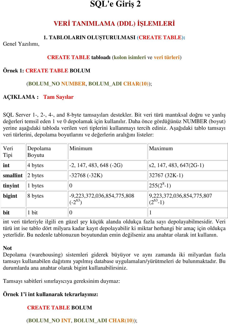 1-, 2-, 4-, and 8-byte tamsayıları destekler. Bit veri türü mantıksal doğru ve yanlış değerleri temsil eden 1 ve 0 depolamak için kullanılır.