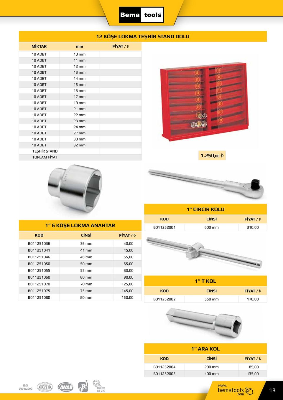 250,00 1 CIRCIR KOLU 1 6 KÖŞE LOKMA ANAHTAR B011252001 600 mm 310,00 B011251036 36 mm 40,00 B011251041 41 mm 45,00 B011251046 46 mm 55,00 B011251050 50 mm 65,00 B011251055