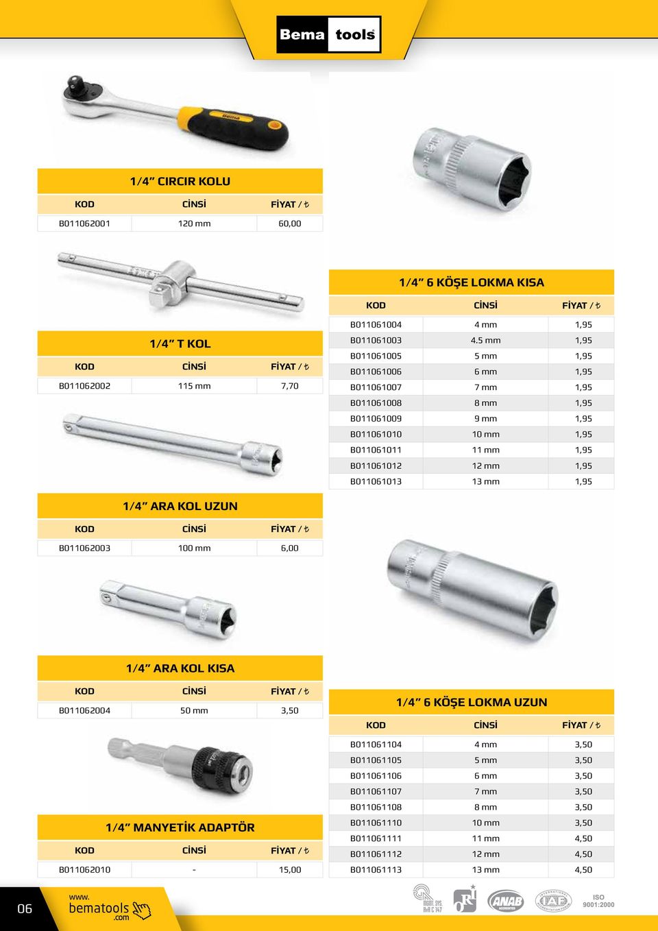 B011061012 12 mm 1,95 B011061013 13 mm 1,95 1/4 ARA KOL UZUN B011062003 100 mm 6,00 1/4 ARA KOL KISA B011062004 50 mm 3,50 1/4 MANYETİK ADAPTÖR B011062010-15,00 1/4 6