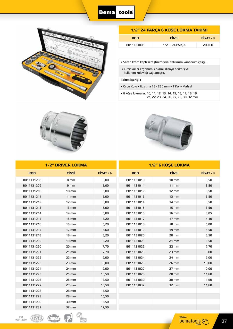 Takım İçeriği : Cırcır Kolu Uzatma 75-250 mm T Kol Mafsal 6 köşe lokmalar: 10, 11, 12, 13, 14, 15, 16, 17, 18, 19, 21, 22, 23, 24, 26, 27, 28, 30, 32 mm 1/2 DRIVER LOKMA B011131208 8 mm 5,00