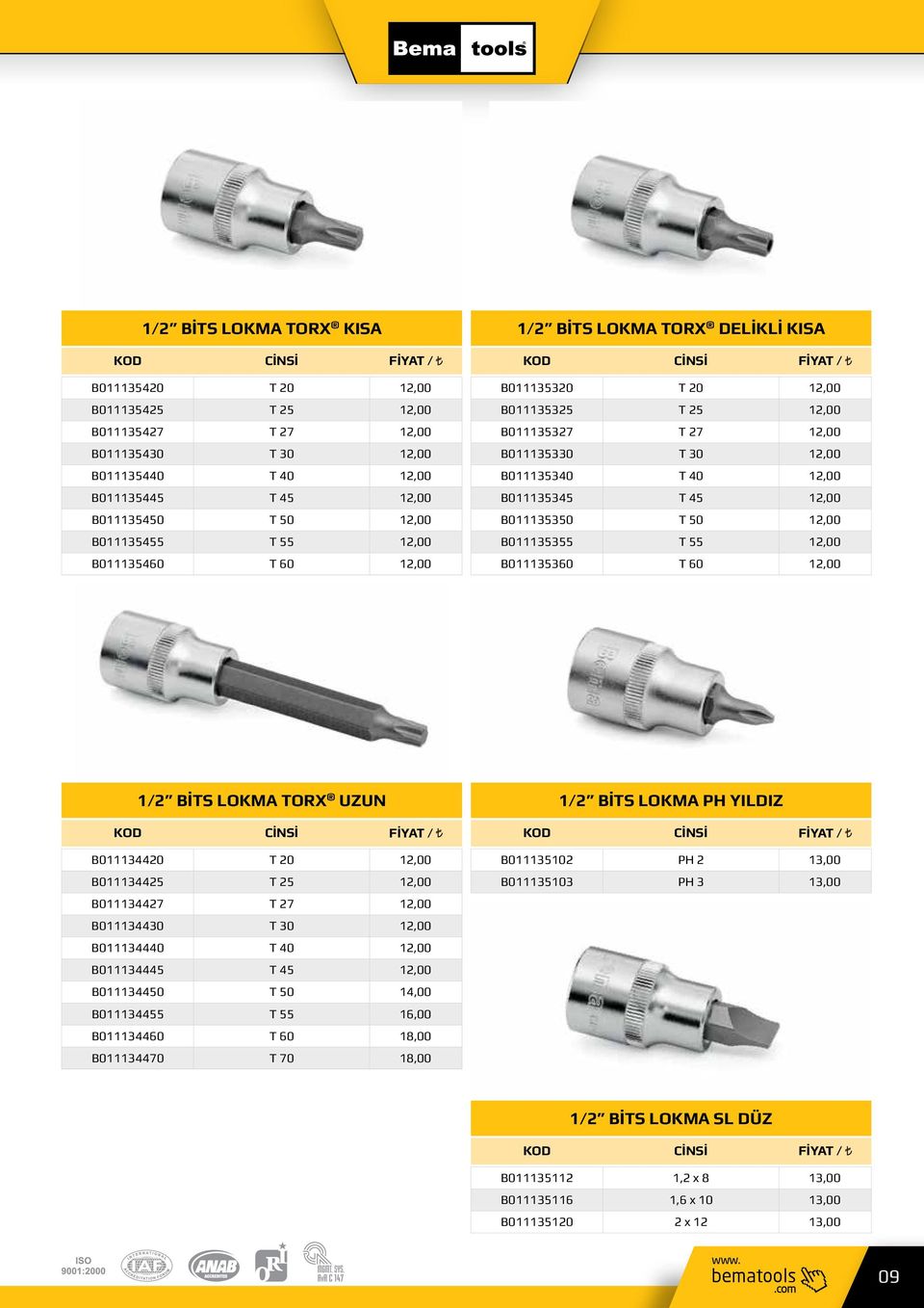 B011135350 T 50 12,00 B011135355 T 55 12,00 B011135360 T 60 12,00 1/2 BİTS LOKMA TORX UZUN B011134420 T 20 12,00 B011134425 T 25 12,00 B011134427 T 27 12,00 B011134430 T 30 12,00 B011134440 T 40