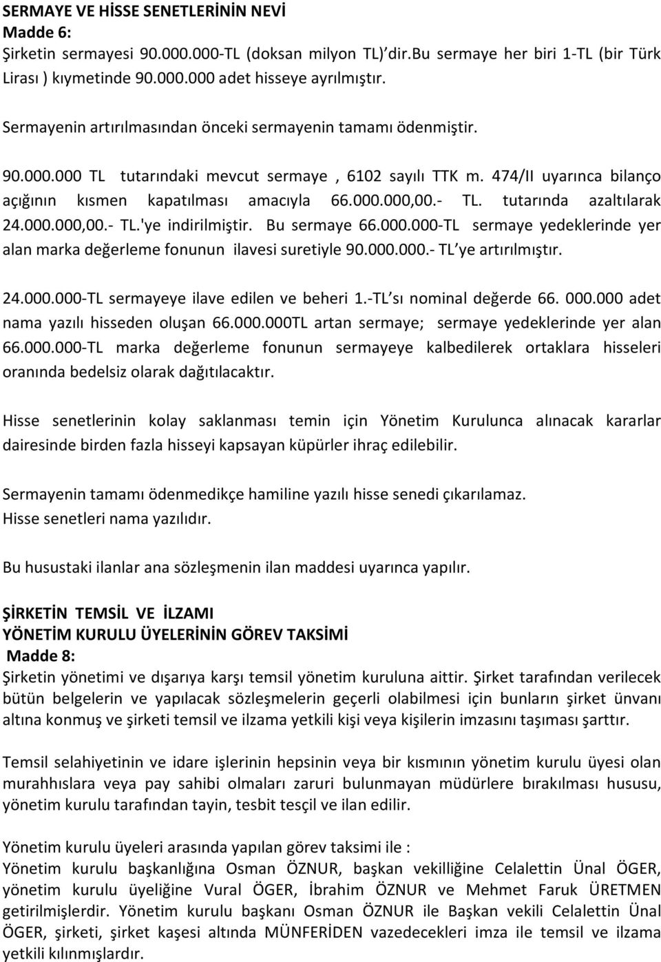 - TL. tutarında azaltılarak 24.000.000,00.- TL.'ye indirilmiştir. Bu sermaye 66.000.000-TL sermaye yedeklerinde yer alan marka değerleme fonunun ilavesi suretiyle 90.000.000.- TL ye artırılmıştır. 24.000.000-TL sermayeye ilave edilen ve beheri 1.