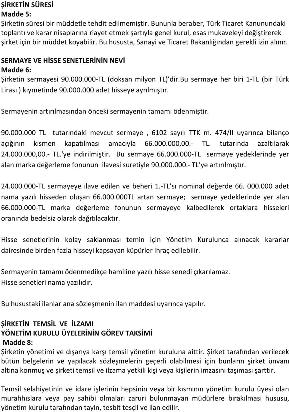 Bu hususta, Sanayi ve Ticaret Bakanlığından gerekli izin alınır. SERMAYE VE HİSSE SENETLERİNİN NEVİ Madde 6: Şirketin sermayesi 90.000.000-TL (doksan milyon TL) dir.