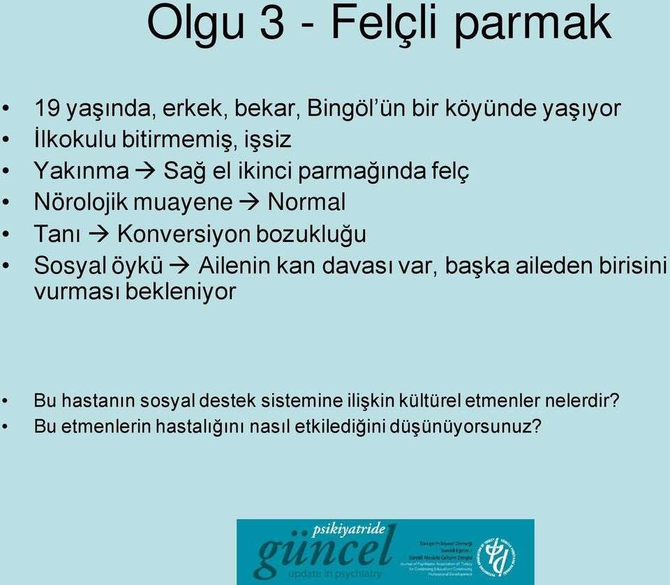 Sosyal öykü Ailenin kan davası var, başka aileden birisini vurması bekleniyor Bu hastanın sosyal