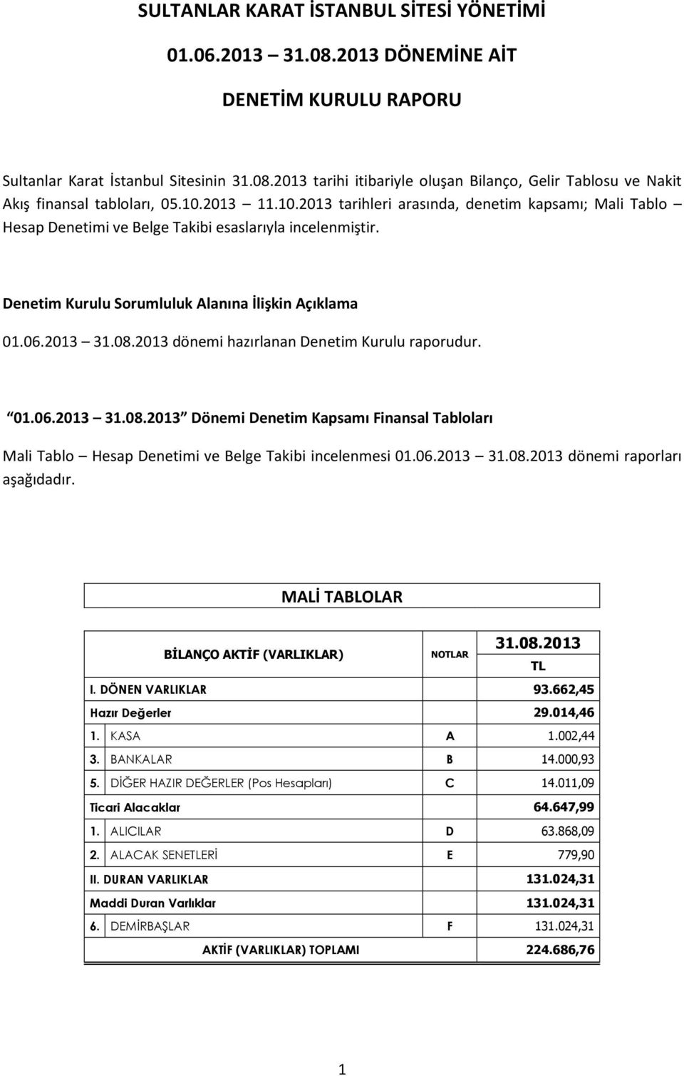 2013 11.10.2013 tarihleri arasında, denetim kapsamı; Mali Tablo Hesap Denetimi ve Belge Takibi esaslarıyla incelenmiştir. Denetim Kurulu Sorumluluk Alanına İlişkin Açıklama 01.06.