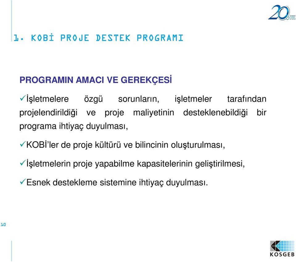 programa ihtiyaç duyulması, KOBĐ ler de proje kültürü ve bilincinin oluşturulması,