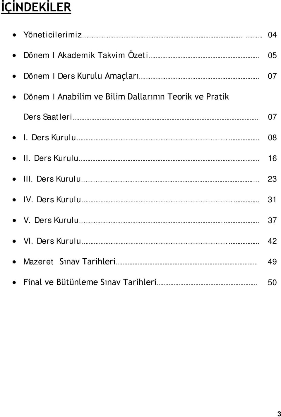 Bilim Dallarının Teorik ve Pratik Ders Saatleri 07 I. Ders Kurulu. 08 II.