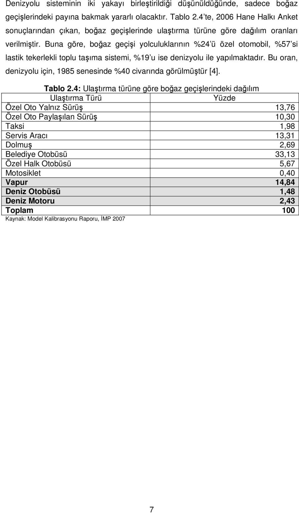 Buna göre, boğaz geçişi yolculuklarının %24 ü özel otomobil, %57 si lastik tekerlekli toplu taşıma sistemi, %19 u ise denizyolu ile yapılmaktadır.