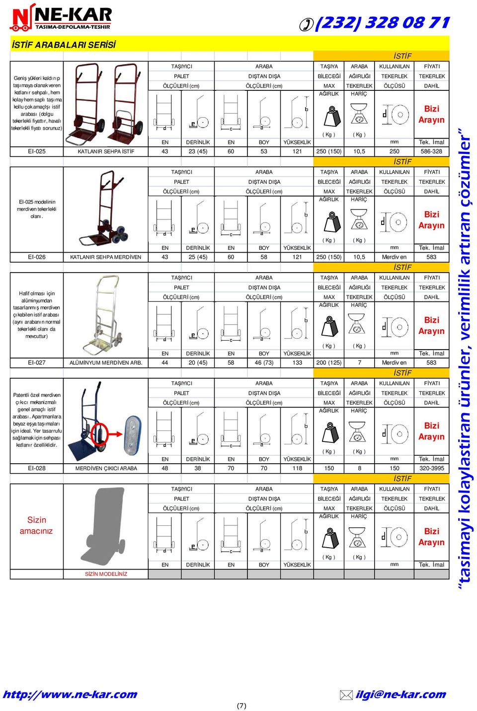EI-026 KATLANIR SEHPA MERDĐVEN 43 25 (45) 60 58 121 250 (150) 10,5 Merdiv en 583 Hafif olması için alüminyumdan tasarlanmış merdiven çıkabilen istif arabası (aynı arabanın normal tekerlekli olanı da
