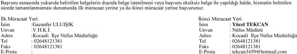 İlk Müracaat Yeri: İkinci Müracaat Yeri: İsim :Gazanfer ULUIŞIK İsim : Yücel TEKCAN Unvan :V.H.K.İ. Unvan : Nüfus Müdürü Adres :Kocaali