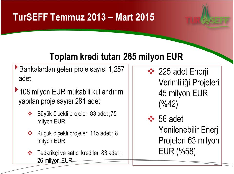 EUR Küçük ölçekli projeler 115 adet ; 8 milyon EUR Tedarikçi ve satıcı kredileri 83 adet ; 26 milyon EUR 225