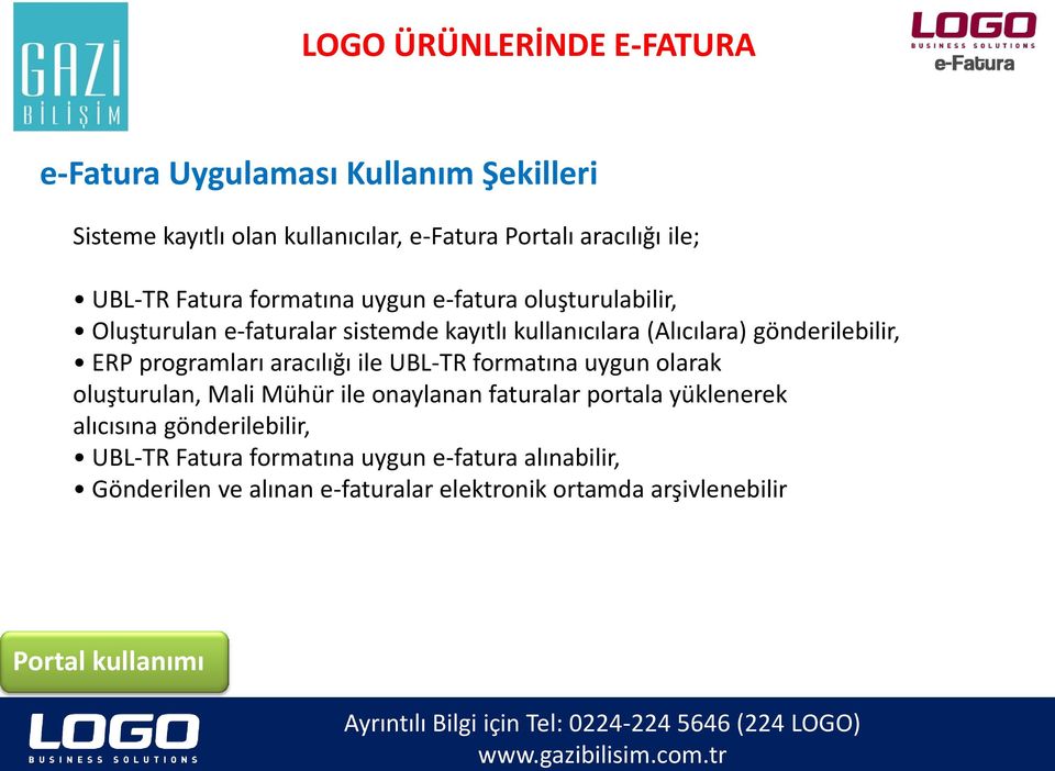 aracılığı ile UBL-TR formatına uygun olarak oluşturulan, Mali Mühür ile onaylanan faturalar portala yüklenerek alıcısına