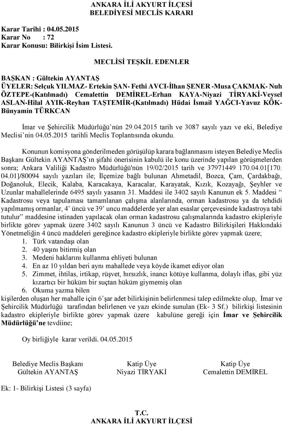 04.2015 tarih ve 3087 sayılı yazı ve eki, Belediye Meclisi nin 04.05.2015 tarihli Meclis Toplantısında okundu.