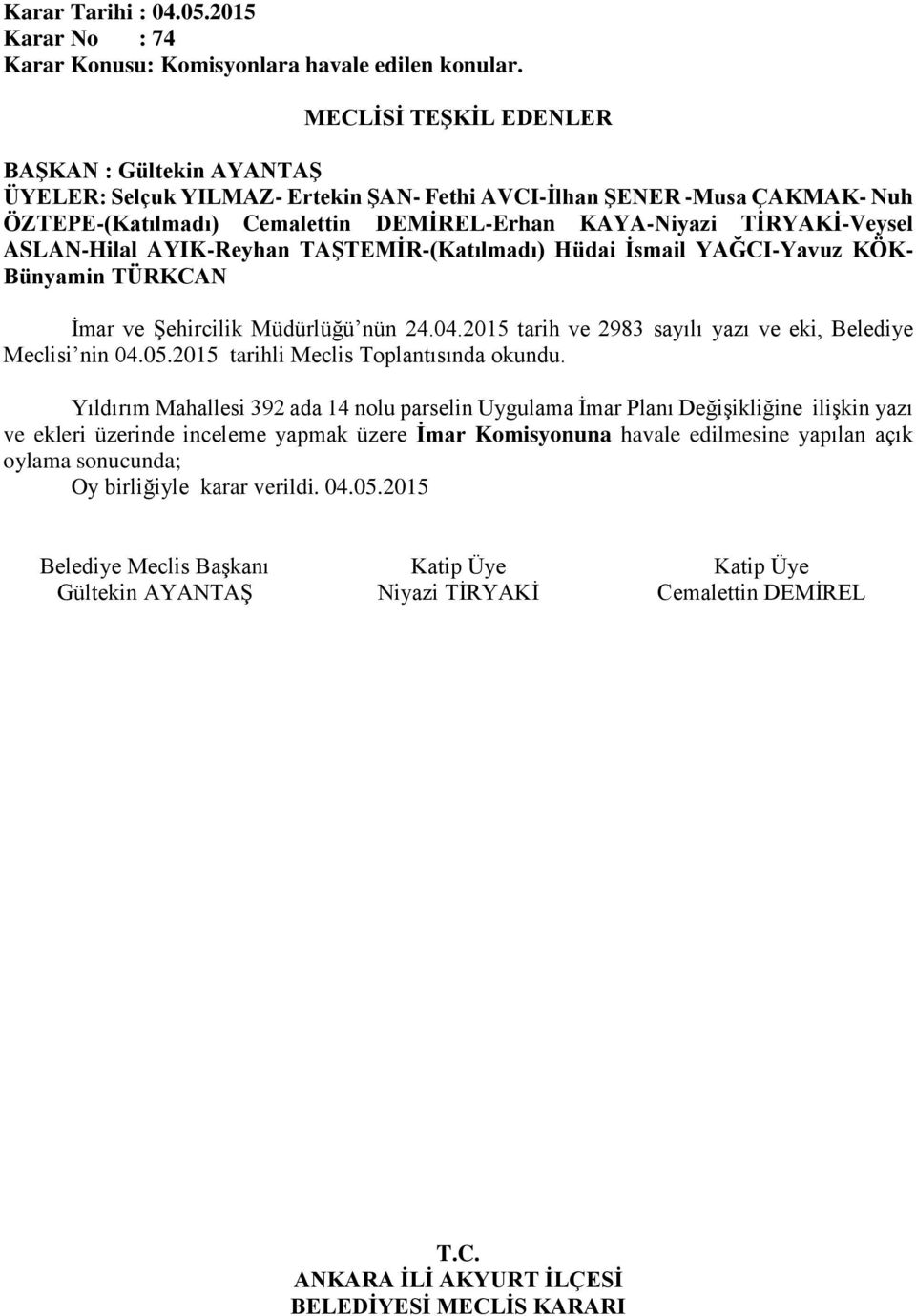 TÜRKCAN İmar ve Şehircilik Müdürlüğü nün 24.04.2015 tarih ve 2983 sayılı yazı ve eki, Belediye Meclisi nin 04.05.2015 tarihli Meclis Toplantısında okundu.