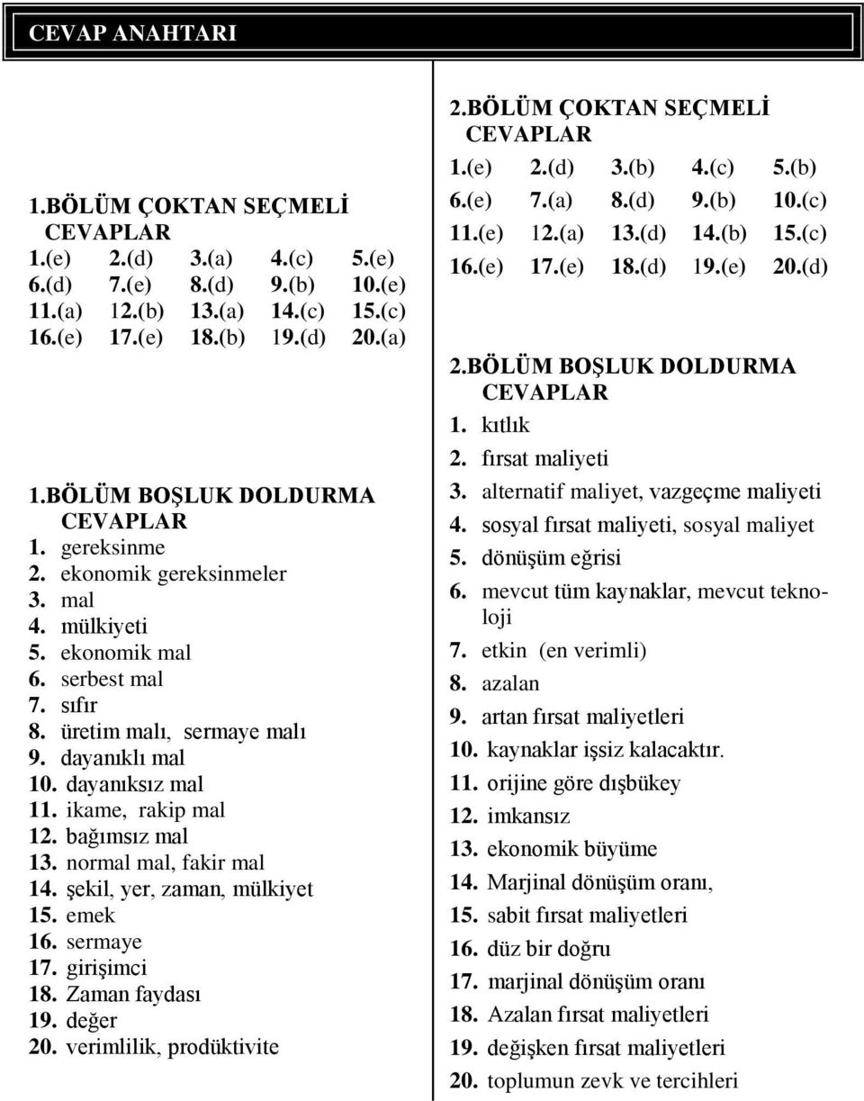 bağımsız mal 13. normal mal, fakir mal 14. şekil, yer, zaman, mülkiyet 15. emek 16. sermaye 17. girişimci 18. Zaman faydası 19. değer 20. verimlilik, prodüktivite 2.BÖLÜM ÇOKTAN SEÇMELİ 1.(e) 2.(d) 3.