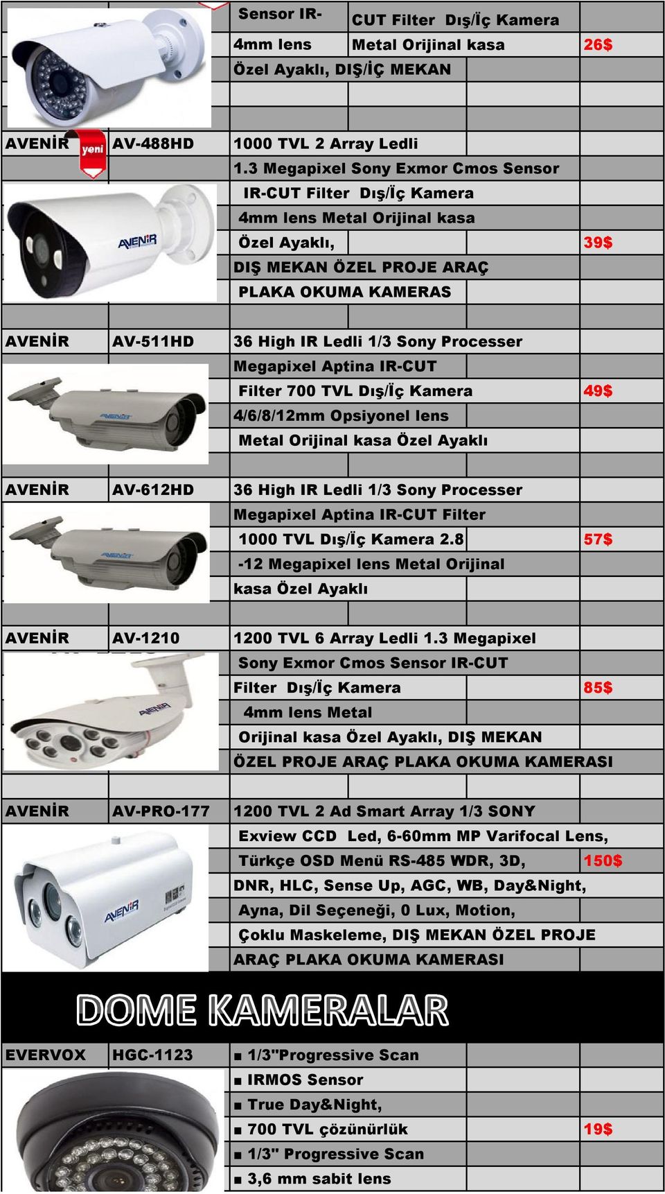 Processer Megapixel Aptina IR-CUT Filter 700 TVL Dış/Ïç Kamera 49$ 4/6/8/12mm Opsiyonel lens Metal Orijinal kasa Özel Ayaklı AVENİR AV-612HD 36 High IR Ledli 1/3 Sony Processer Megapixel Aptina