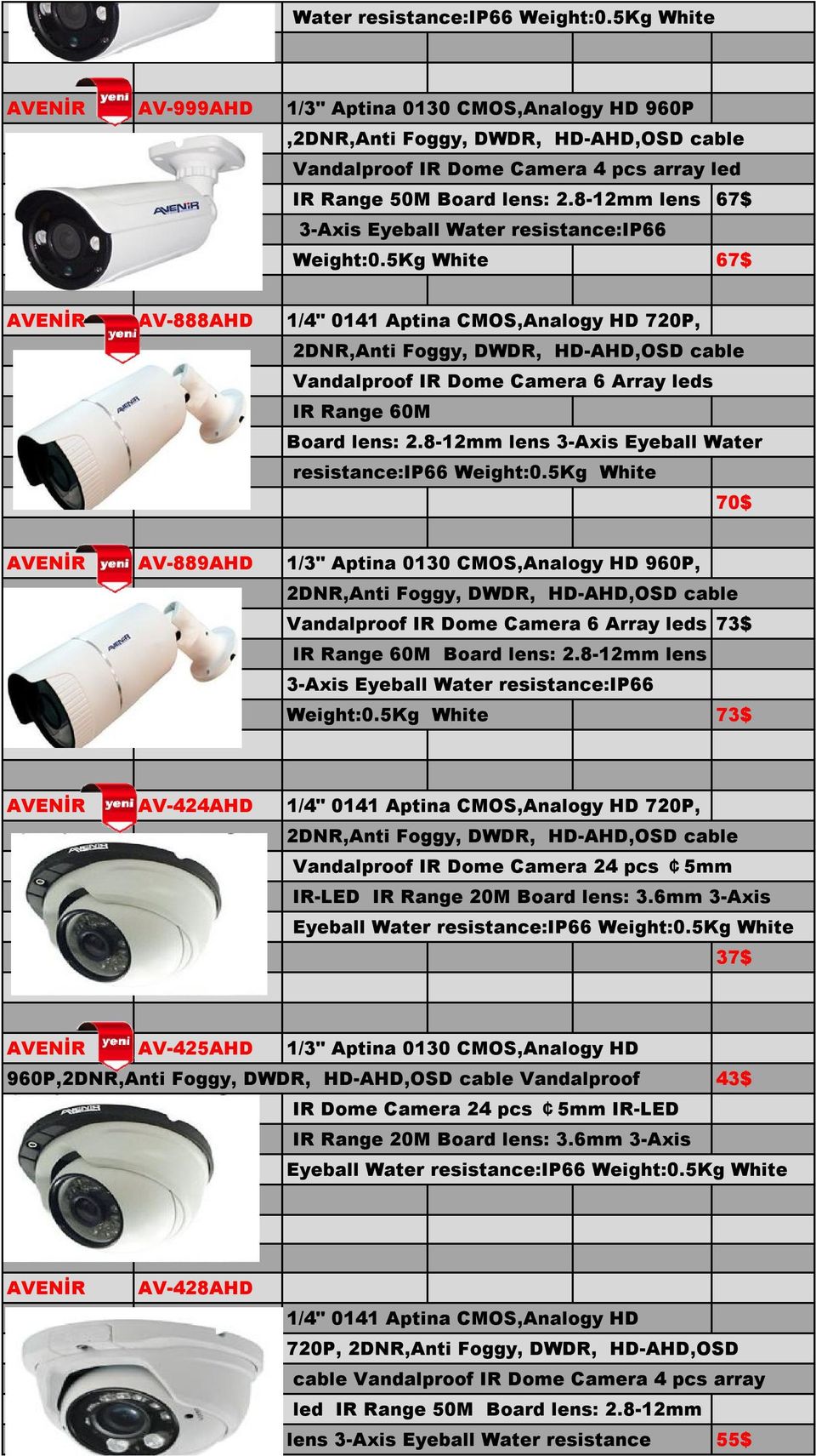 8-12mm lens 67$ 3-Axis Eyeball 5Kg White 67$ AVENİR AV-888AHD 1/4" 0141 Aptina CMOS,Analogy HD 720P, 2DNR,Anti Foggy, DWDR, HD-AHD,OSD cable Vandalproof IR Dome Camera 6 Array leds IR Range 60M Board