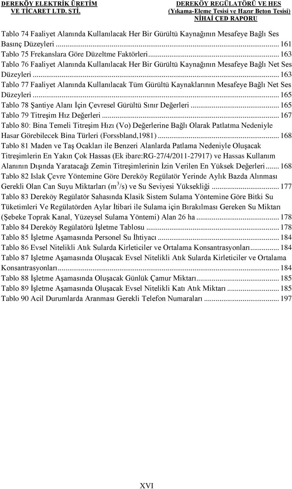 .. 163 Tablo 77 Faaliyet Alanında Kullanılacak Tüm Gürültü Kaynaklarının Mesafeye Bağlı Net Ses Düzeyleri... 165 Tablo 78 Şantiye Alanı İçin Çevresel Gürültü Sınır Değerleri.