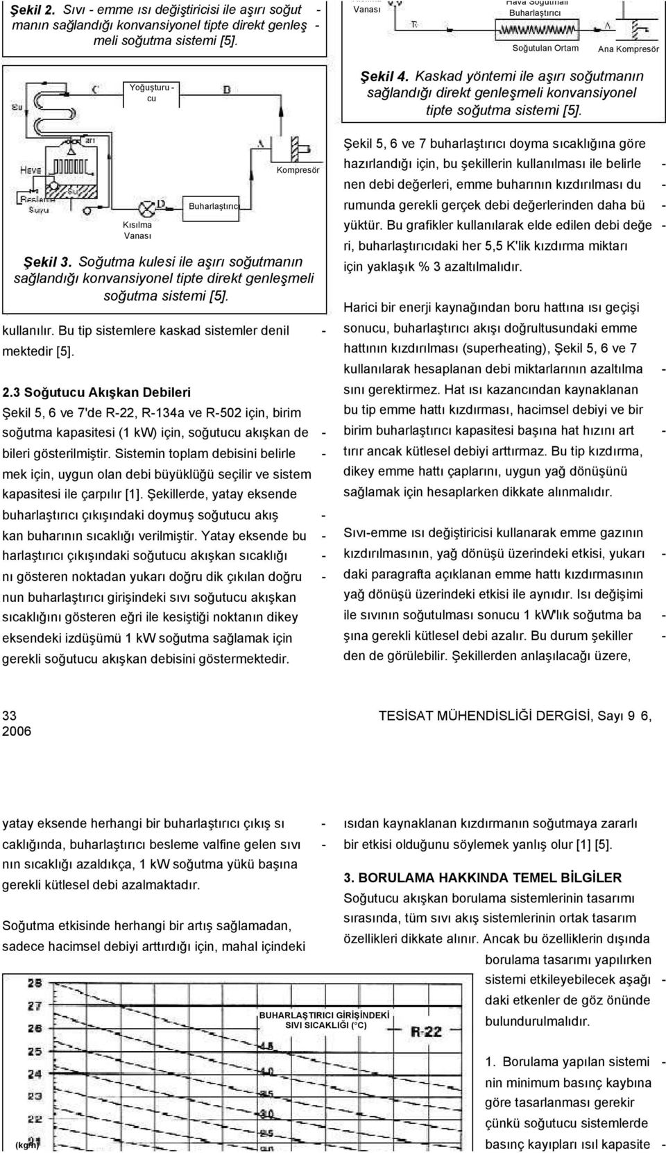 3 Soğutucu Akışkan Debileri Buharlaştırıcı Şekil 5, 6 ve 7'de R-22, R-134a ve R-502 için, birim soğutma kapasitesi (1 kw) için, soğutucu akışkan de - bileri gösterilmiştir.