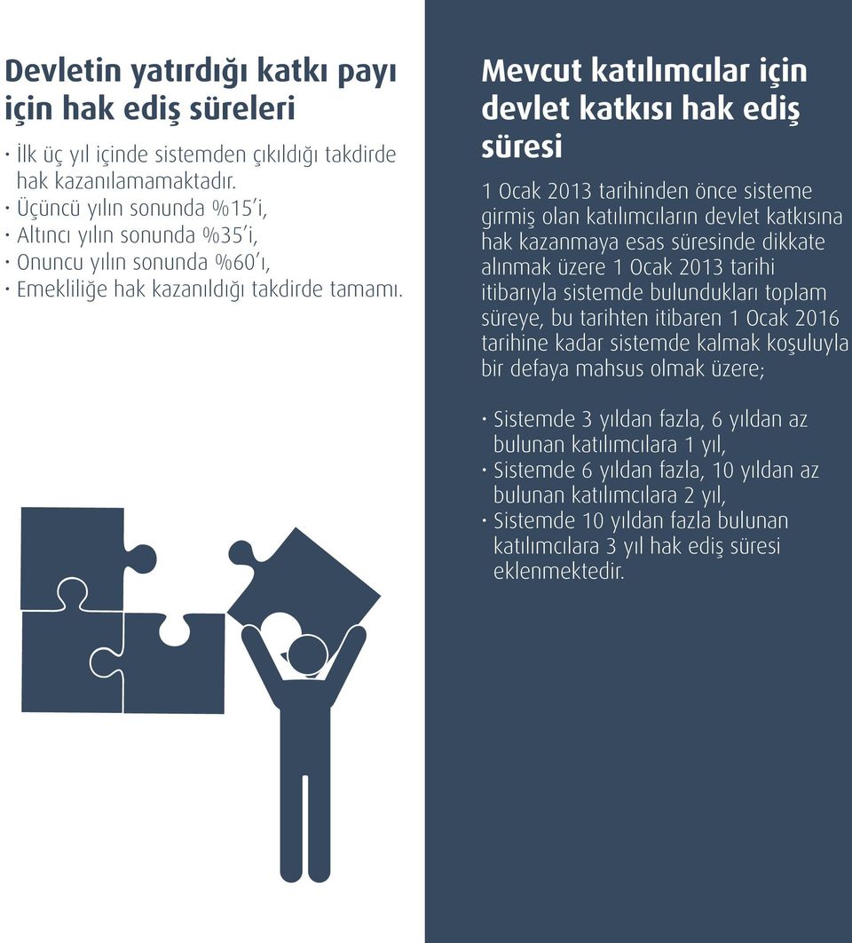 Mevcut katılımcılar için devlet katkısı hak ediş süresi 1 Ocak 2013 tarihinden önce sisteme girmiş olan katılımcıların devlet katkısına hak kazanmaya esas süresinde dikkate alınmak üzere 1 Ocak 2013